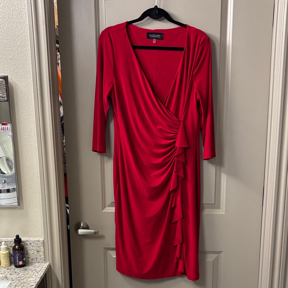 Black Label by Evan Piccone Red Ruffled Faux-Wrap Long Sleeve Dress